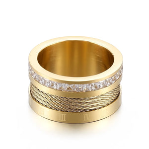 Zircon Roman Numeral Tricolor Stainless Wedding Ring
