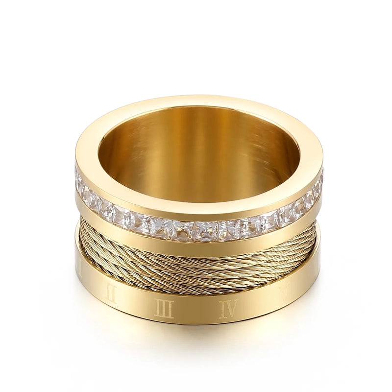Zircon Roman Numeral Tricolor Stainless Wedding Ring