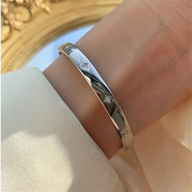 Zircon Star Wide Charm Bracelet Bangle for Women Girls
