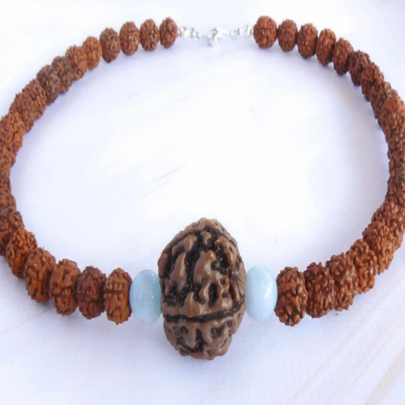 Nepali Rudraksha Aquamarine Pendant Chakra Wrist Cuff