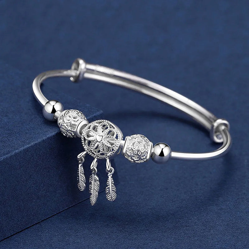 Silver Carved Beads Tassel Bangle Bracelets for Women