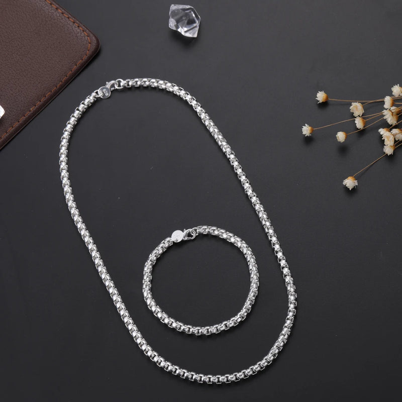 925 Silver Box Chain Bracelet Necklace Set