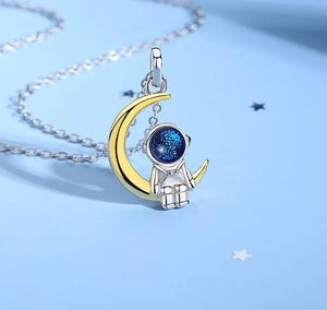 S925 Silver Astronaut Star Moon Couple Necklace Love Anniversary X210