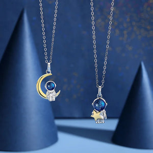 S925 Silver Astronaut Star Moon Couple Necklace Love Anniversary X210