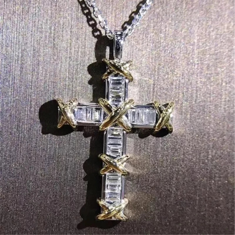 925 Silver Cross Pendant Necklace with Zircon CZ for Women