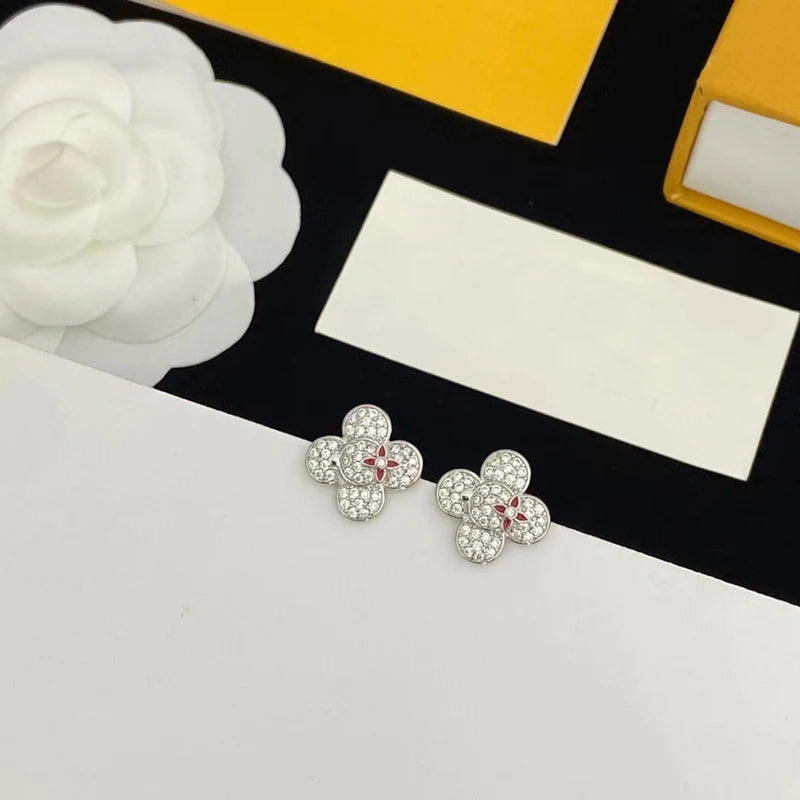Leaf Clover Ear Stud Earrings with Rhinestone Decor