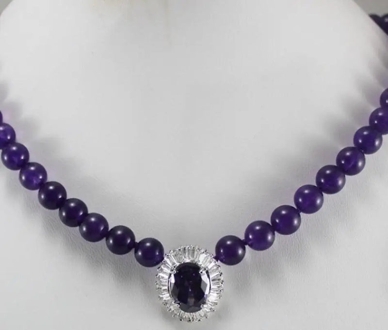 10mm Purple Jade Pendant Necklace - Silver Plated Metal