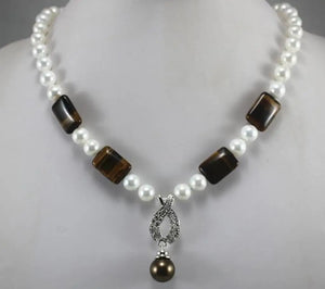 10mm Shell Beads Tiger Eye Stone Necklace Pendant