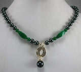 8mm Shell Beads Necklace with Green Pendant