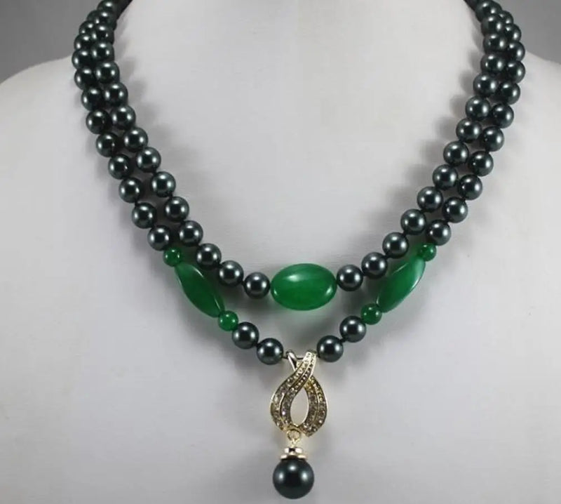 8mm Shell Beads Necklace with Green Pendant