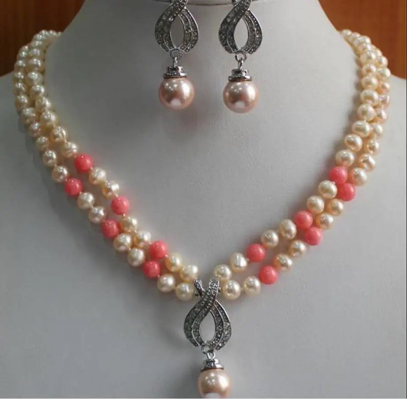 Pink Pearl & Coral Necklace Set, Silver Plated Pendant & Earrings