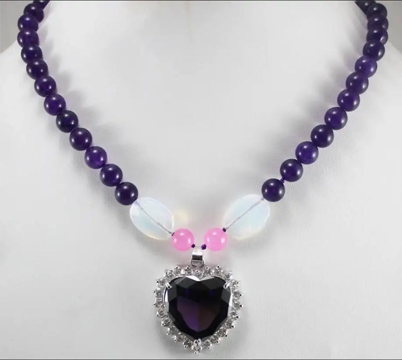 8mm Purple Jade + Opal Egg Heart Necklace