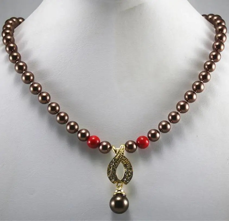 Coffee Beaded Necklace with Red Pendant