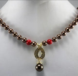 Coffee Beaded Necklace with Red Pendant
