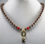 Coffee Beaded Necklace with Red Pendant