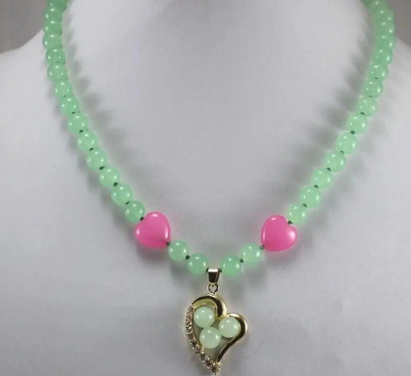8mm Green Malay Jade Necklace with Heart Pendant