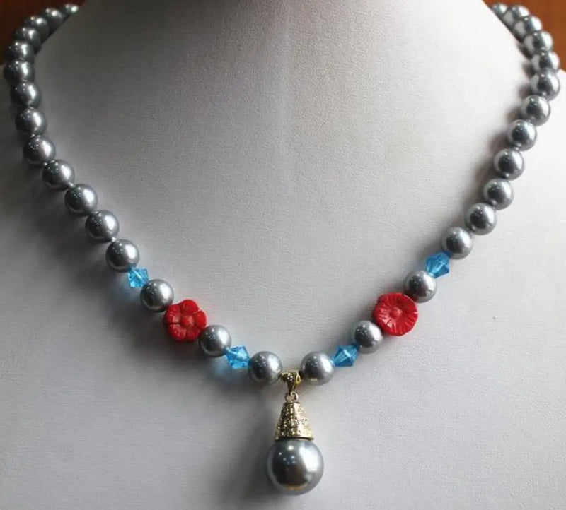 Grey Shell Beads Necklace with Red Flower Pendant