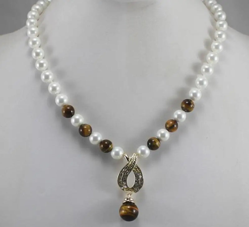 Tiger Eye Stone Necklace Pendant with 8mm Pearl