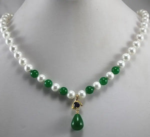 8mm Shell Beads & Emerald Plated Necklace Pendant