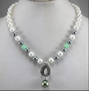 8mm Shell Beads Grey Shell Beads Silver Plated Pendant Necklace