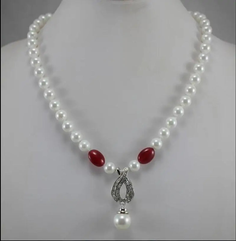 8mm Shell Beads Red Egg Silver Plated Necklace Pendant