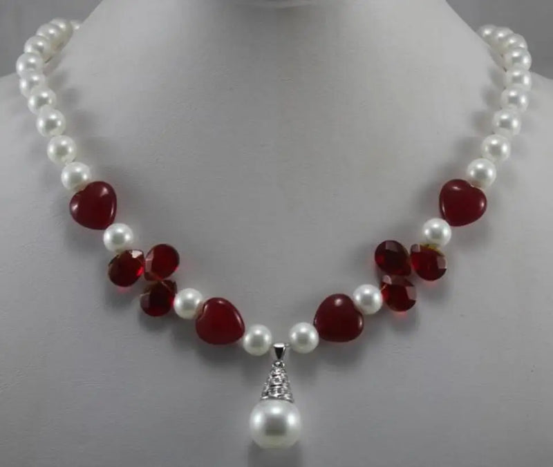 8mm Shell Pearl Red Heart Pendant Necklace
