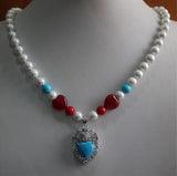 8mm Shell Pearl Red Egg Green Metal Silver Plated Necklace Pendant