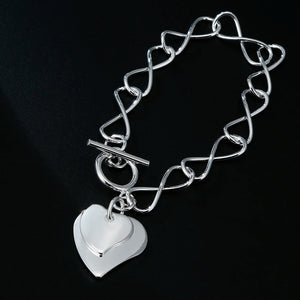 925 Silver Double Heart Pendant Bracelet for Women