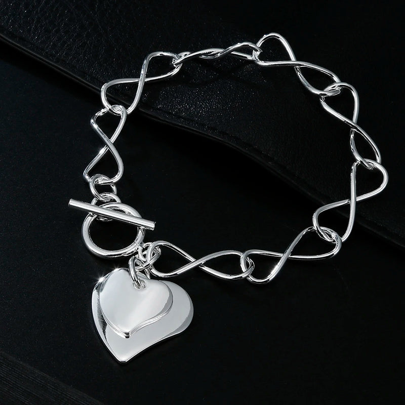 925 Silver Double Heart Pendant Bracelet for Women