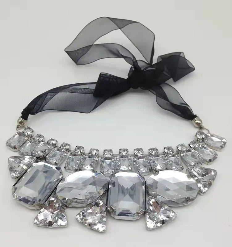 Geometric Crystal Gem Necklace Diamond Ribbon Jewelry