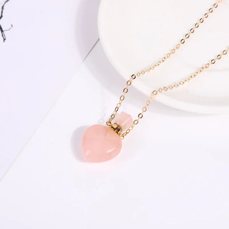 Natural Crystal Heart Pendant Amethyst Essential Oils Bottle Necklace