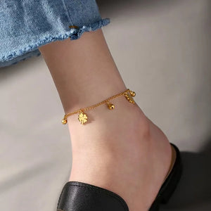 Four-Leaf Flower & Bell Anklet, Stainless Steel Women's Jewelry