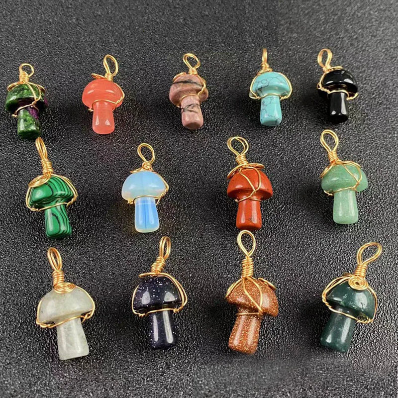 Golden Wire Natural Stone Mushroom Pendant for Jewelry Making