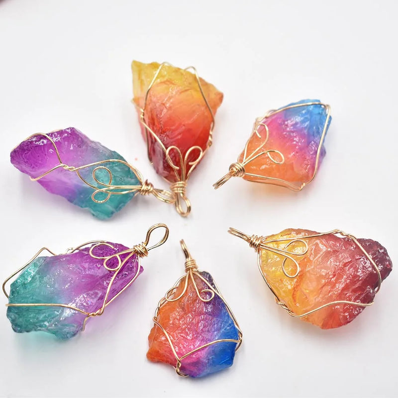 Natural Crystal Rainbow Stone Wire Wrappe Pendants 6pcs/lot