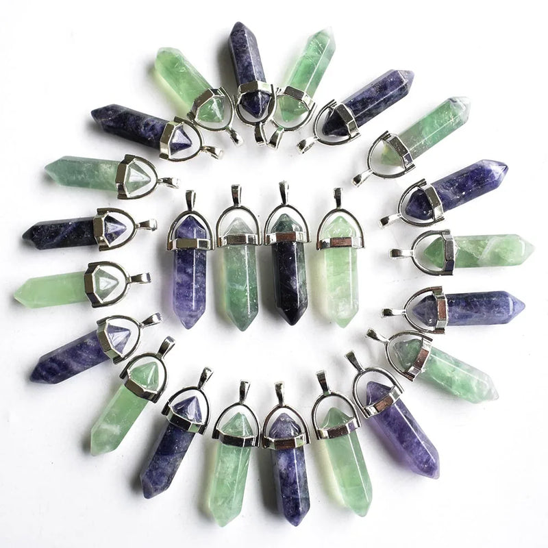Natural Fluorite Stone Pillar Charms Point Chakra Pendants 24pcs