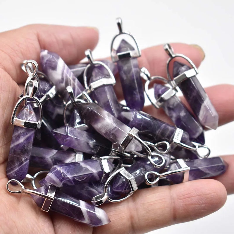 Natural Stone Stripe Amethysts Pillar Charms Pendants 24pcs