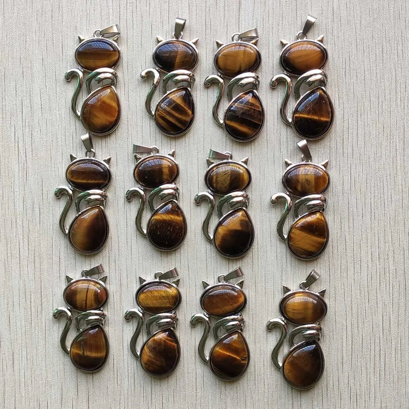 Tiger Eye Stone Cat Shape Pendants for Jewelry Making 12pcs/lot