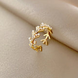 Grass Branch Zircon Pearl Ring - Japanese Style Hand Jewel