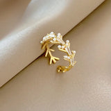 Grass Branch Zircon Pearl Ring - Japanese Style Hand Jewel