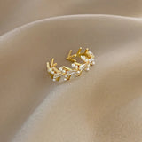Grass Branch Zircon Pearl Ring - Japanese Style Hand Jewel