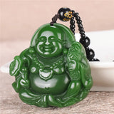 Green Jade Laughing Buddha Pendant Necklace Chinese Hand-Carved Luck Gift