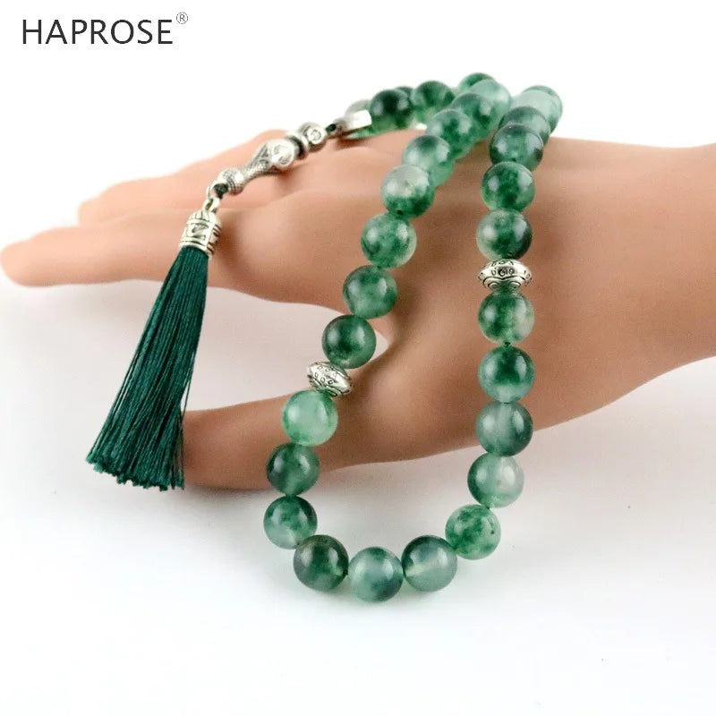 Green Agate Islamic Muslim Tasbih Allah Rosary Gray Beads Bracelet