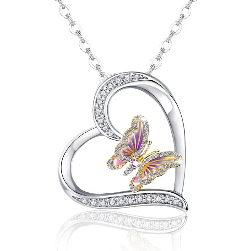 Heart Color Butterfly Necklace Animal Jewelry Zircon Pendant Couple Necklacs