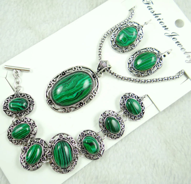 Malachite Gem Jewellery Necklace Bracelet 3 Sets