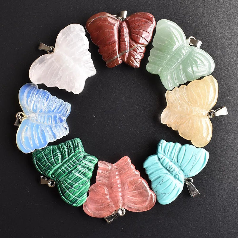 Mixed Natural Stone Pendulum Butterfly Charm Pendants 8pcs/lot