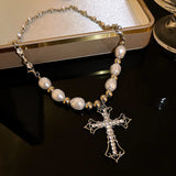 Hip Hop Retro Pearl Necklace Christian Cross Clavicle Chain