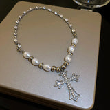 Hip Hop Retro Pearl Necklace Christian Cross Clavicle Chain