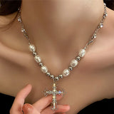Hip Hop Retro Pearl Necklace Christian Cross Clavicle Chain