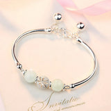 Jade Beads Charms Bangle Bracelets for Women Silver Chain