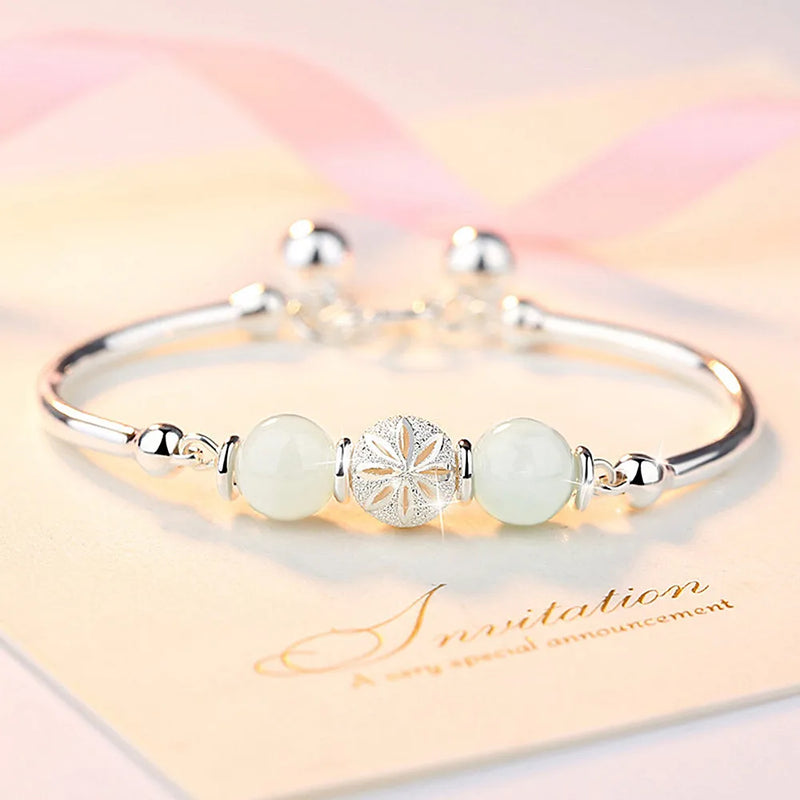 Jade Beads Charms Bangle Bracelets for Women Silver Chain